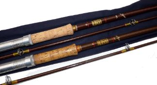 RODS: (2) Pair of Hardy Fibalite No.2 spinning rods, brown hollow glass, rings whipped green, tipped