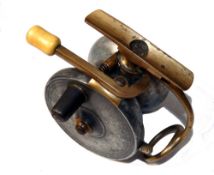 REEL: Malloch Erskine Patent multiplier side casting reel, 3.5" across backplate, black handle,