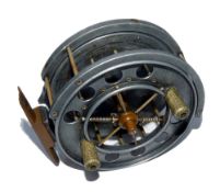 REEL: Allcock Aerial alloy reel, 3.5" diameter, 8 large holes to front flange , stamped Patent,