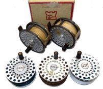 REELS & SPOOLS: (5) Pair of Hardy Husky SILENT CHECK alloy wide drum fly reels, 3.3" diameter, heavy