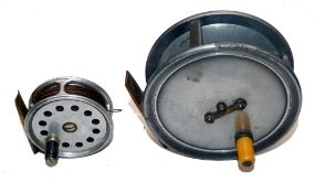 REELS: (2) Early alloy salmon fly reel with bass bar latch to drum, 4.25" diameter, ivorine