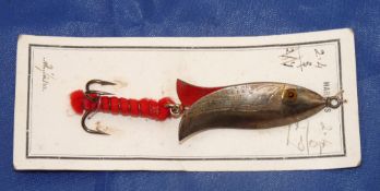 LURE: Scarce Hardy glass eyed metal clipper bait, 2.5" long body, scale finish, twin amber glass