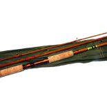 ROD: Rare Allcock Super Float 10' 3 piece split cane river rod, green/black/cream logo transfer ,