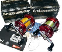 REELS: (2) Pair of fine Abu Garcia Ambassadeur 6500A multiplier reels, 3 screw domed red end plates,