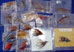 SALMON FLIES: (18) Collection of 18 large traditional vintage salmon flies with gut and steel loop