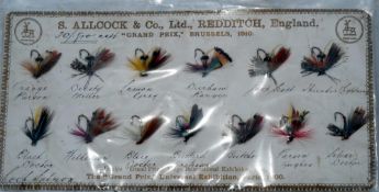 FLIES: S Allcock & Co., Redditch salesman's fly sample card, 9"x4.5", gilt decoration, holding 13