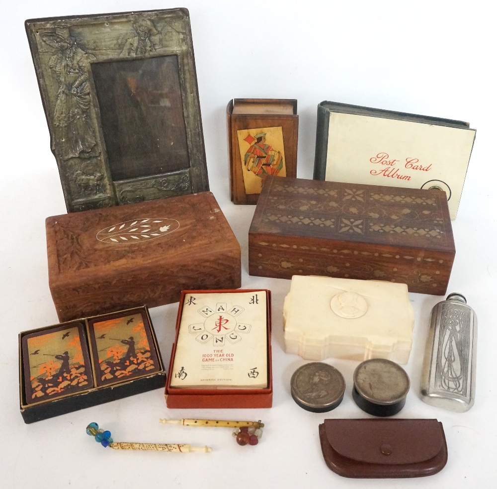 MIXED LOT OF COLLECTABLES comprising a walnut card box modelled as a book, a pack of playing cards,