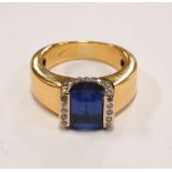 SAPPHIRE AND DIAMOND DRESS RING on heavy unmarked high carat gold shank,