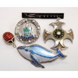 SELECTION OF SILVER JEWELLERY comprising an enamel decorated whale brooch;