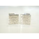 PAIR OF TIFFANY & CO SILVER 'NOTES' CUFFLINKS of square design with script decoration