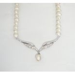 DIAMOND AND CULTURED PEARL NECKLET the pearl necklace with diamond and pearl set pendant section in