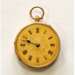 VICTORIAN EIGHTEEN CARAT GOLD CASED OPEN FACE POCKET WATCH with black Roman numerals and