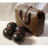 SET OF FOUR HENSELITE BOWLS each with a red marking and monogrammed 'MF',