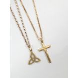 NINE CARAT GOLD PENDANT in the form of a triquetra, and an unmarked gold cross pendant,