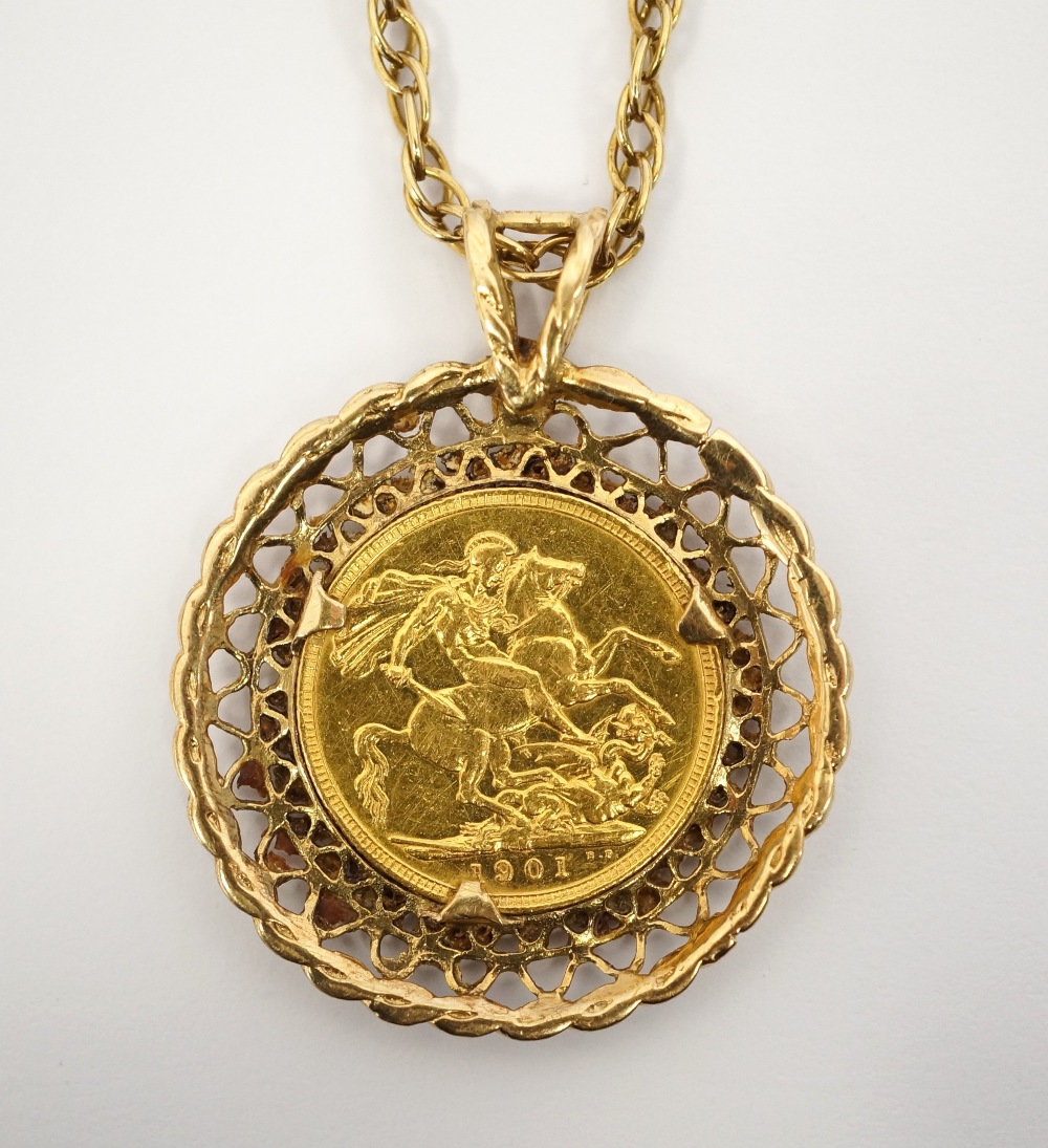 VICTORIAN GOLD SOVEREIGN COIN SET PENDANT the sovereign dated 1901, - Image 2 of 3