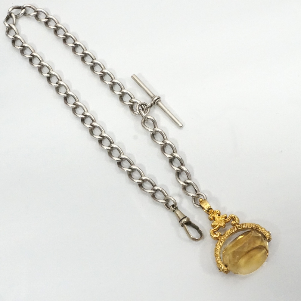 SILVER ALBERT CHAIN with T-bar and citrine set swivel fob in scroll decorated pinchbeck mount