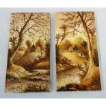 PAIR OF HANDPAINTED POTTERY TILES circa 1900, each with figure and cottage in river landscape,