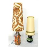 TWO LARGE RETRO 1970's GLAZED POTTERY TABLE LAMPS each with tall tapering patterned shades,