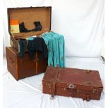 VINTAGE METAL BOUND TRAVEL TRUNK containing a selection of period ladies clothes including a pair