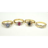 FOUR GEM SET SILVER GILT RINGS of various design, the gemstones including diamond,