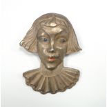 ART DECO SILVER BROOCH modelled as a female head with bobbed hair and frill collar (possibly