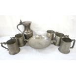 SMALL COLLECTION OF PEWTER WARES including a French 'Tappit hen' style lidded jug,