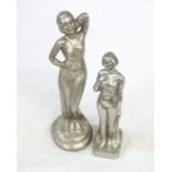 TWO ART DECO STYLE FIGURINES cast in aluminium and both depicting semi nude female figures,