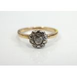 OLD ROSE CUT DIAMOND CLUSTER RING on unmarked gold shank,