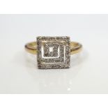 DIAMOND CLUSTER RING in square spiral setting, on nine carat gold shank,