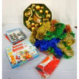 SELECTION OF CHRISTMAS DECORATIONS including an artificial wreath with gold baubles,