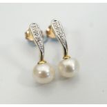 PAIR OF ATTRACTIVE DIAMOND AND PEARL DROP EARRINGS in nine carat gold