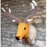 YELLOW HARRIS TWEED FAUX TAXIDERMY STAG HEAD BY JULIET LEDSON the head with false eyelashes and