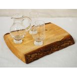 OAK WHISKY DISPLAY SET BY ALL THINGS WOOD comprising an oak tray with decorative bark edges,