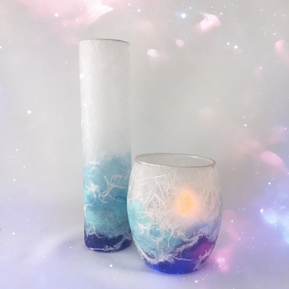 'STORMY SEAS' STRAWSILK HAND-DECORATED VASE AND TEALIGHT HOLDER BY THE GLASS CRAFT STUDIO Decorated