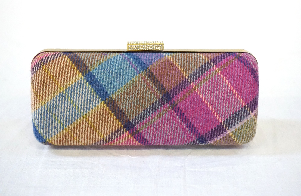 MULTI COLOURED SCOTTISH TWEED CLUTCH BAG BY SIMONE WOOD with diamante clasp,