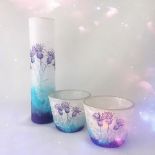 'MEADOW THISTLE' STRAWSILK HAND-DECORATED VASE AND TEALIGHT HOLDERS BY THE GLASS CRAFT