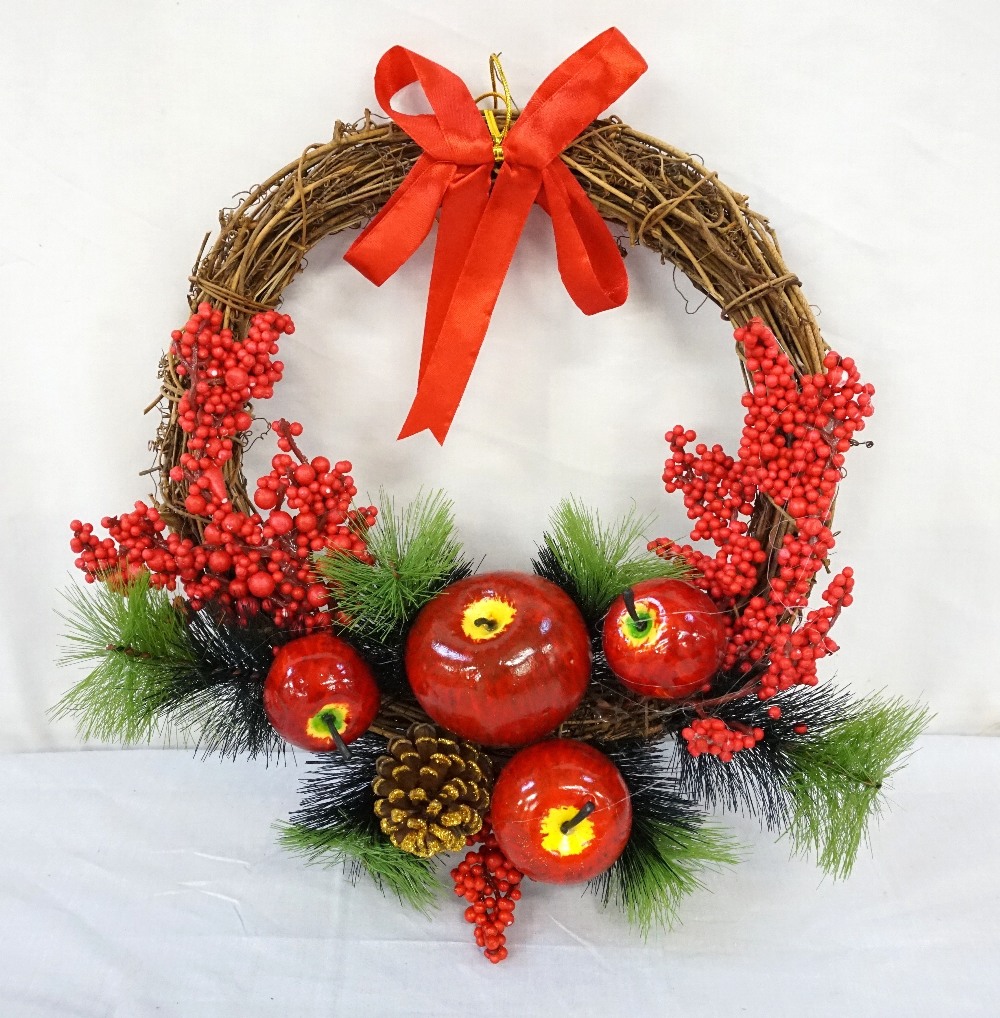 ARTIFICIAL CHRISTMAS WREATH the twig ring decorated with pine sprigs, apples,