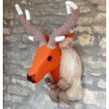 ORANGE HARRIS TWEED FAUX TAXIDERMY STAG HEAD BY JULIET LEDSON the head with false eyelashes and