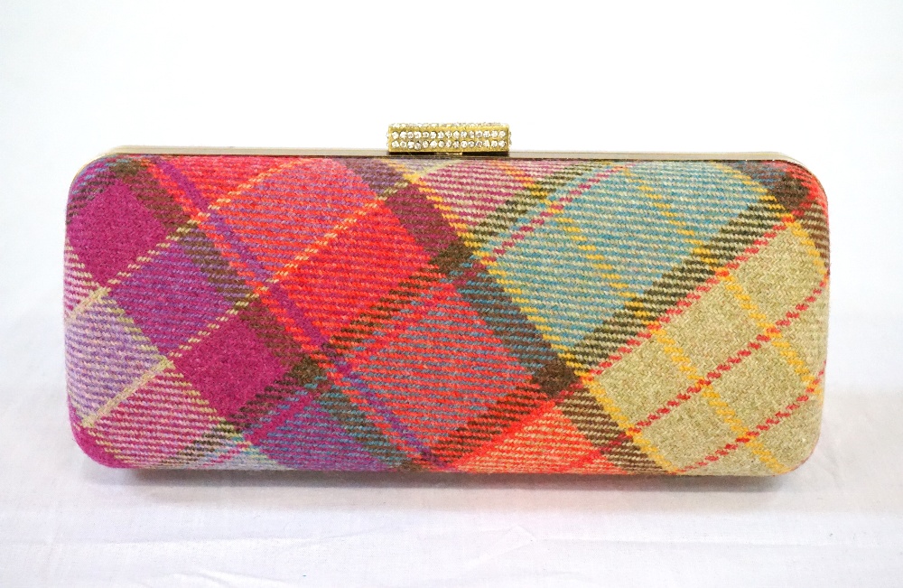 MULTI COLOURED SCOTTISH TWEED CLUTCH BAG BY SIMONE WOOD with diamante clasp,