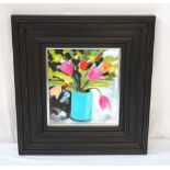 'LIVELY TULIPS' BY ROWENA LAING oil on board, singed to bottom left, framed, 37cm x 24cm,