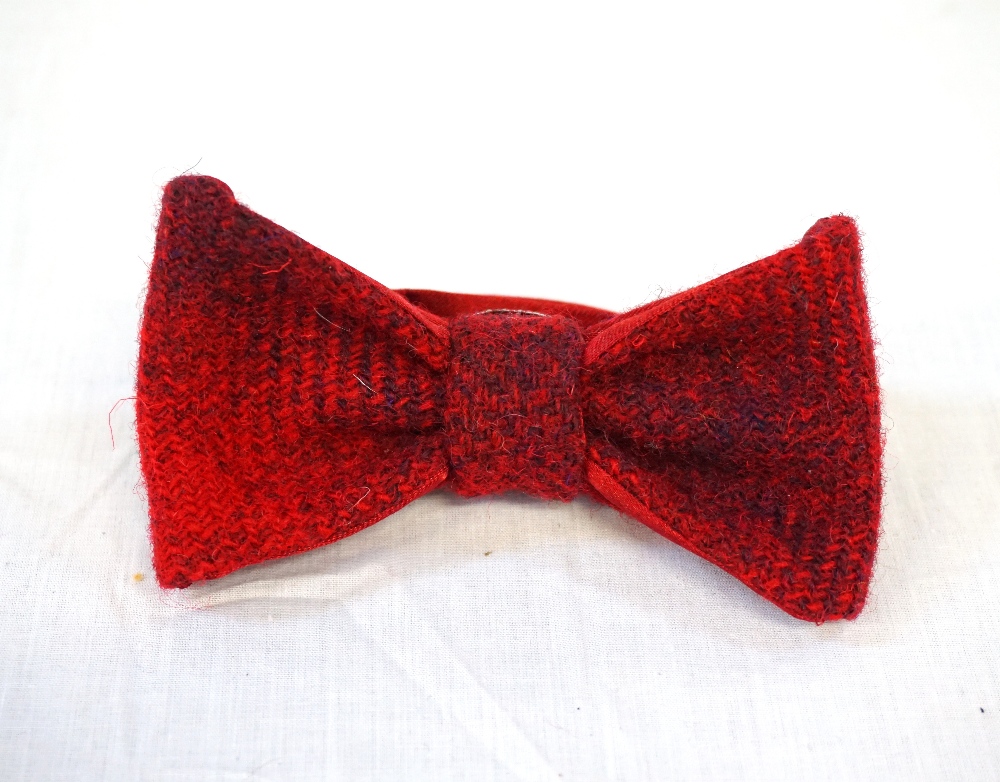 RED AND BLUE HARRIS TWEED READY TIED BOW TIE BY SIMONE WOOD with red lining and neck band,