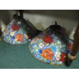 A PAIR OF TIFFANY STYLE MULTICOLOURED GLASS CEILING SHADES each 59cm diameter