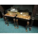 A PAIR OF MINIATURE MAHOGANY END TABLES with glass tops together with a brass fire tray