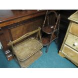 AN OAK TWO TIER CAKE STAND together with a two tier tray with carrying handle