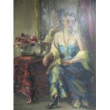 ENGLISH SCHOOL EARLY 20TH CENTURY
Study of a Woman in Elegant Dress Seated at a Table Draped and