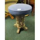 AN EDWARDIAN STYLE PAINTED STOOL the circular upholstered seat on turned supports and platform base