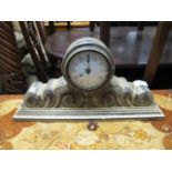 A WOODEN PAINTED MANTLE CLOCK the circular white dial and Roman numerals on scroll plinth base 21cm