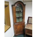 A QUEEN ANNE STYLE MAHOGANY CORNER CABINET the arched hood with glazed door above a panel door