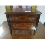 A MINIATURE REGENCY MAHOGANY TWO DRAWER CHEST on reeded and ring turned legs with brass caps 26cm