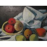 STILL LIFE FRUIT IN A BOWL ON A TABLE Oil on Canvas Monogrammed Lower Right 38cm x 48cm